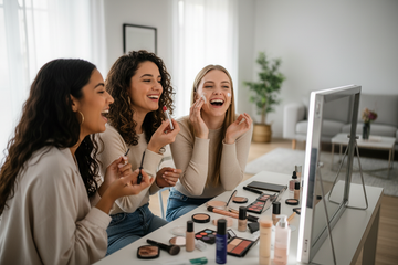 Spanish college students trying on makeup